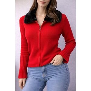 Tomfoolery Zip Up Cardigan Womens Medium Red‎ Black Faux Fur Collar Ribbed Knit